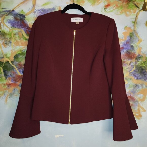Calvin Klein Burgundy Bell Sleeve Blazer Jacket Gold Zipper Women's 8 - Picture 1 of 10